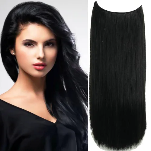 Extensiones de cabello humano de 18 pulgadas, color negro, largo, lacio, alambre invisible con alambre transparente, 4 clips de seguridad, tamaño
