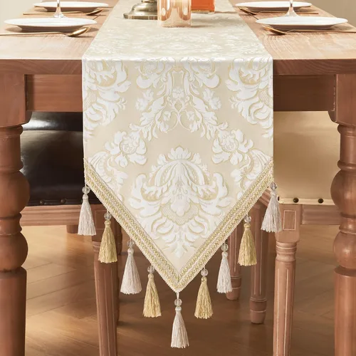 Miniatura 17 de Loom and Mill Camino de mesa de lujo de 72 pulgadas de largo, elegante camino de mesa de damasco jacquard con borlas múltiples hechas a mano