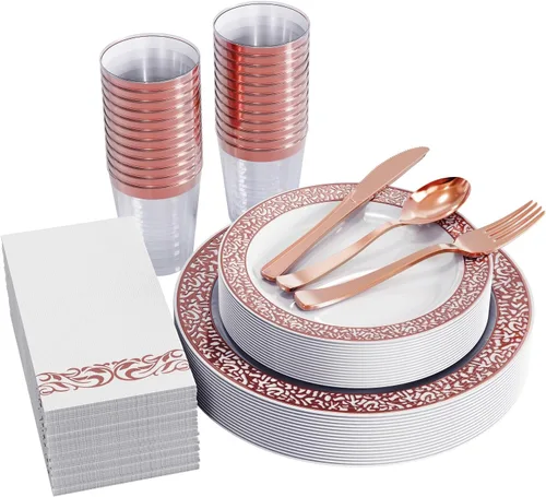 FOCUSLINE Juego de vajilla de oro rosa de 175 piezas para 25 invitados, platos de plástico con diseño de borde de encaje de oro rosa, incluye 25