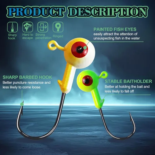 Miniatura 3 de Cabezas de plantilla de pesca, ganchos de cabeza de bola pintados redondos de varios tamaños para lucioperca, trucha, crappie, jig, agua dulce