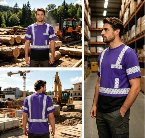 Miniatura 6 de Camisas de seguridad Hi Vis con tiras reflectantes, camisas de construcción de fondo negro para hombres y mujeres Púrpura