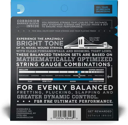 Miniatura 2 de D'Addario Cuerdas de Bajo Eléctrico - EXL160BT 50-120 - Cuerdas de Bajo Enrolladas en Níquel - Para Bajo de 4 Cuerdas - Tensión Equilibrada Media