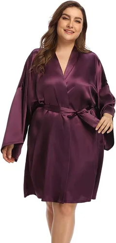 Bata tipo kimono de satén corto para mujer, talla grande, bata de dormir y sedosa