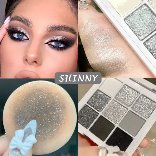 Miniatura 5 de evpct Paleta de sombra de ojos con 9 colores, gris plateado con purpurina, sombra de ojos brillante y ahumada en negro, gris plateado y blanco D-9