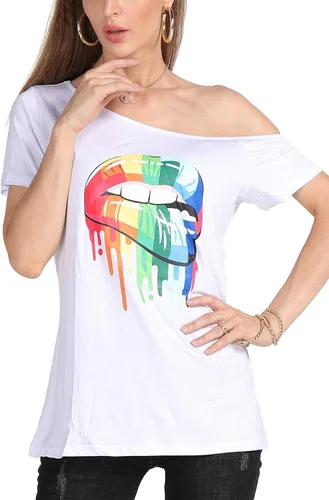 Miniatura 48 de MAGICMK - Camiseta casual para mujer, con estampado de labios y hombro descubierto, talla extragrande
