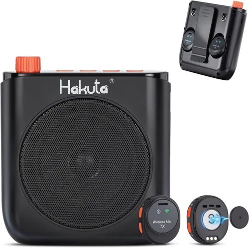 HAKUTA Amplificador de voz inalámbrico, altavoz Bluetooth portátil para profesores con micrófono de solapa magnético y 2 micrófonos, amplificador de