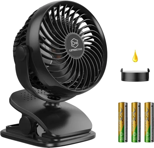 LEMOISTAR Ventilador de cochecito con pilas AA, ventiladores de clip alimentados por USB, 4 velocidades, diseño único de aroma, personal inalámbrico