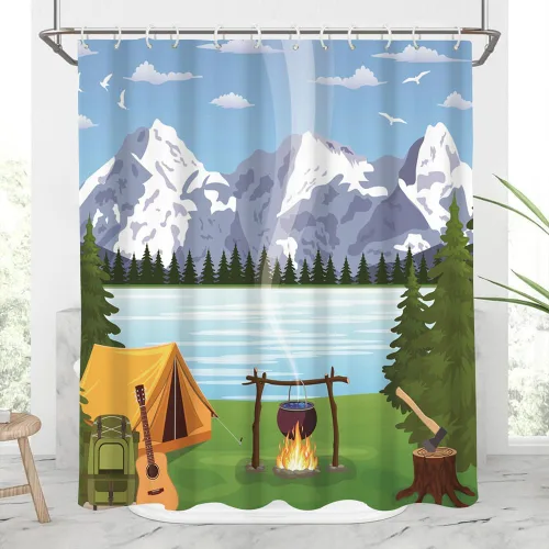 Miniatura 15 de Cortina de ducha Happy Camper de 48 x 72 pulgadas, diseño de caricaturas, remolque, hoguera, aventura al aire libre, cortina de baño para decoración