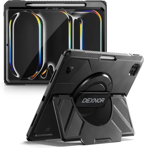 Dexnor Funda protectora resistente para iPad Pro de 13 pulgadas M4 2024, con correa de mano giratoria de 360°, soporte estable grande, protector de
