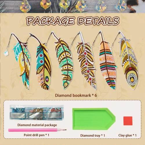 Miniatura 2 de 6 marcapáginas de plumas de pintura de diamantes 5D marcadores de arte de diamantes de hoja y pavo real con diamantes de imitación de plumas de pavo