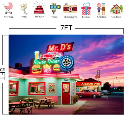 Miniatura 2 de HANYING Fondo retro para cena de los años 50, Ruta 66 Restaurante Ciudad Nocturna, Fondo de Fotografía, 7 x 5 pies, Decoración de fiesta