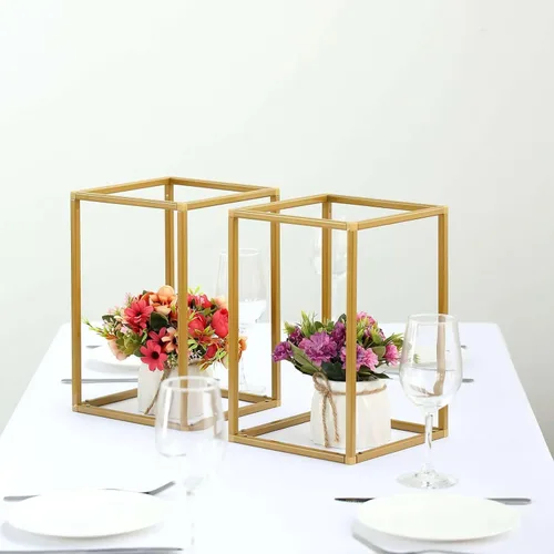 Miniatura 8 de Efavormart - Paquete de 2 soportes de metal para flores de boda de 12 pulgadas, soporte geométrico para centro de mesa Dorado