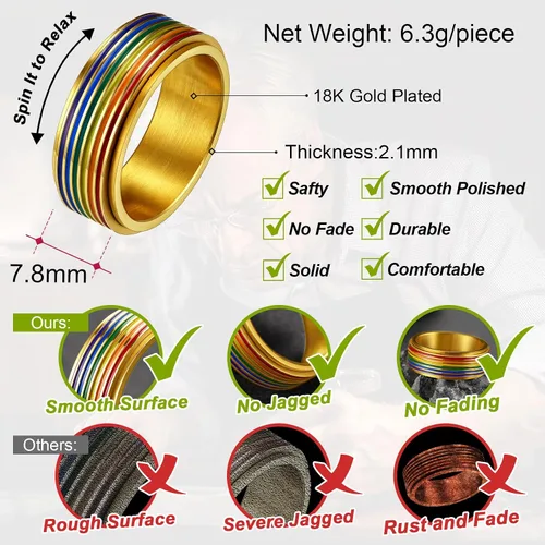 Miniatura 5 de FaithHeart LGBT - Anillos para ansiedad con diseño de arcoíris, acero inoxidableoro de 18 quilates chapado en oro de 18 quilates, joyería