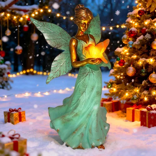 Miniatura 8 de Decoración solar de estatua de jardín de hadas, figura de resina de ángel de 10 pulgadas, impermeable, decoración del hogar con luces LED de colibrí