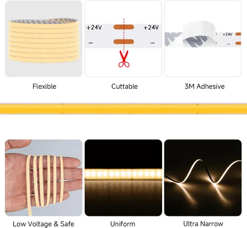 Miniatura 2 de 5mm COB LED Strip Light DC24V Narrow Thin Flexible High Density Uniform 3000K Warm White Cob Strips 400leds/m 16.4FT Dimmable CRI 90+ LED Tape