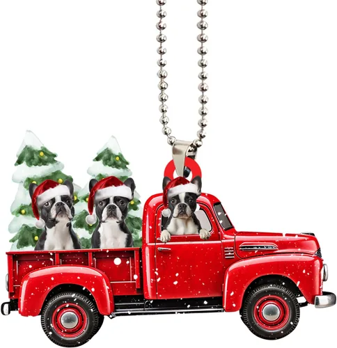 Miniatura 7 de Talataca Boston Terrier con camión rojo de Navidad, árbol de pino, regalo 2D plano para espejo retrovisor, accesorios para el árbol de Navidad