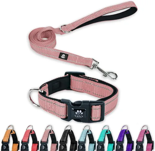 Miniatura 12 de FURRYFECTION Juego de collar y correa reflectante para perro con hebilla de liberación rápida, acolchado con collar de nailon ajustable de neopreno