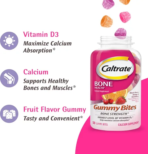 Miniatura 5 de Caltrate Gummy Bites 500 mg Suplemento de calcio y vitamina D, cereza negra, fresa, naranja, 100