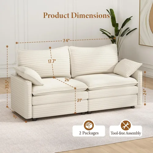 Miniatura 2 de Vesgantti 74" Cloud Couch for Living Room, 2 Seaters Deep Seat Sectional Modular Sofa, Double Cushion Corduroy Small Sofas Living Room Couches for