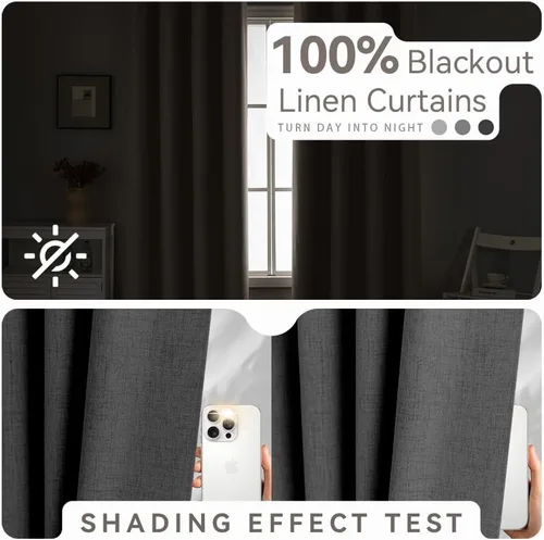 Miniatura 2 de Cortinas de lino libres de PFAS en negro de 63 pulgadas de largo, juego de 2 paneles, 100% cortinas opacas largas para dormitorio, sala de estar
