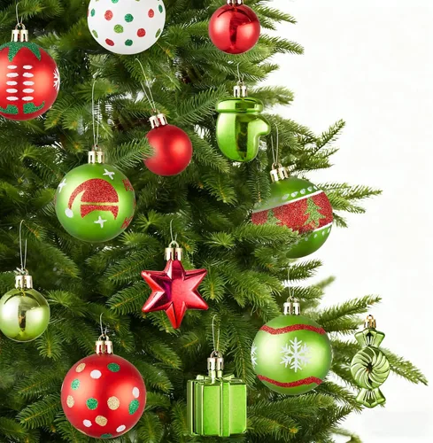 Miniatura 5 de Juego de 42 adornos de bolas de Navidad - Adornos de Navidad rojos y verdes surtidos, inastillables, brillantes, colgantes, adornos de árbol