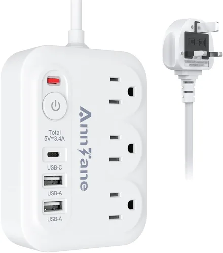 Adaptador de enchufe de viaje para Reino Unido con USB C, cable de extensión de 6 pies, adaptador de enchufe de EE. UU. a Reino Unido Irlanda Blanco