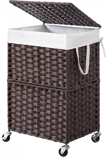 Chrislley - Cesta de ropa delgada de 90 L con ruedas, canasta de lavandería con tapa y bolsa interior renovable, organizador de ratán tejido a mano