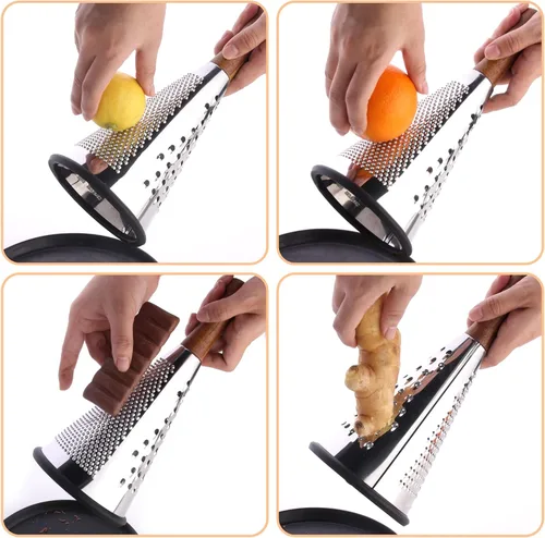 Miniatura 8 de Rallador de queso cono con mango – Acero inoxidable triple función mango de madera parmesano afeitadora de goma antideslizante de mano multifunción