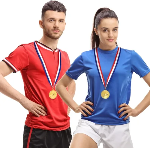 Miniatura 2 de Juvale Paquete de 12 medallas de premio para adultos, trofeos de participación en equipo con cinta de rayas rojas, blancas y azules, recuerdos