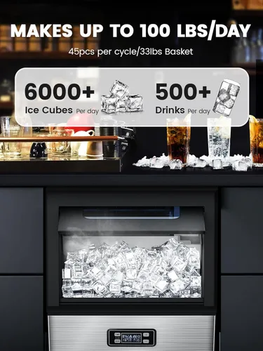 Miniatura 3 de Máquina comercial para hacer hielo, máquina de hielo de acero inoxidable de 100 libras/24 horas con capacidad de almacenamiento de 33 libras