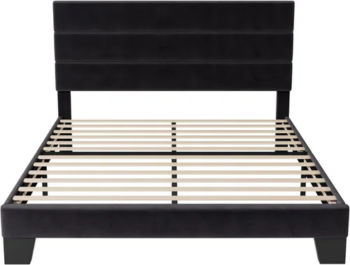 Miniatura 8 de Allewie Base de cama de plataforma tamaño Queen con cabecera tapizada de terciopelo y soporte de listones de madera, base de colchón totalmente Negro