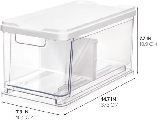 Miniatura 2 de iDesign The Sarah Tanno Collection - Organizador de cajones de cosméticos apilables, tamaño mediano, con tapa y divisor, transparente/blanco