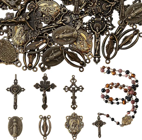 BEEFLYING 60 piezas de rosario católico de aleación de estilo tibetano Jesús crucifijo de paz cruz centro María Milagrosa Medalla Colgantes Virgen