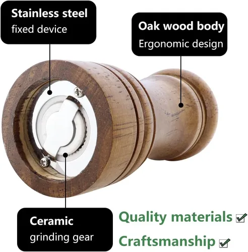 Miniatura 2 de 1 paquete de molinillo de pimienta de madera de 5 pulgadas, molinillo de pimienta de madera o molinillo de sal con rotor de cerámica ajustable