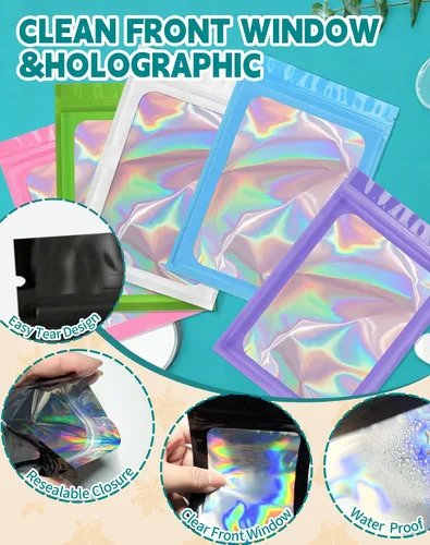 Miniatura 6 de Bolsas holográficas Mylar de 4 x 6 pulgadas, 100 bolsas pequeñas transparentes resellables a prueba de olores, bolsa de embalaje de plástico para 5