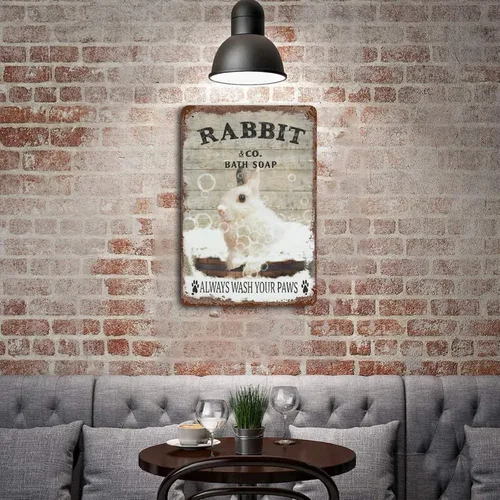Miniatura 5 de Placa colgante de hierro vintage con diseño de conejo y jabón de metal con texto en inglés "Wash Your Paws", letrero de hojalata retro divertido
