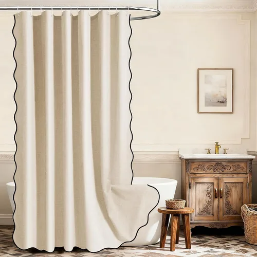 Miniatura 26 de WONICY Juego de cortina de ducha de lino con textura sin gancho y forro a presión, cortina de ducha bohemia resistente, impermeable, lavable, gruesa