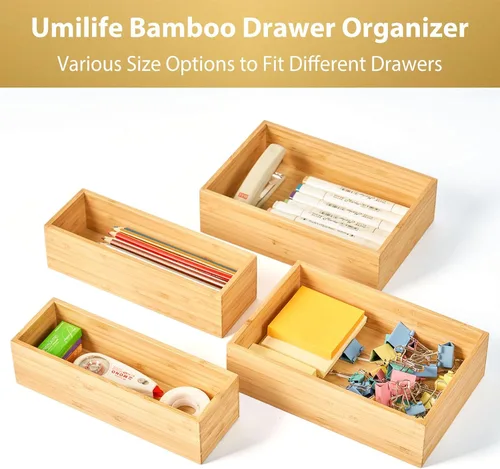 Miniatura 4 de Umilife Organizador de cajones de cocina de bambú, bandeja de cubiertos extra alta, caja de almacenamiento de cubiertos, soporte multiusos