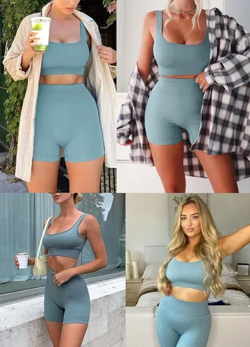 Miniatura 7 de fatty tiger Conjuntos de entrenamiento acanalados para mujer, 2 piezas, trajes de gimnasio, ombligueras, pantalones cortos de cintura alta