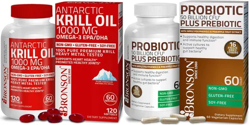 Bronson Probiótico 50 mil millones de UFC + prebiótico con polifenoles de manzana y extracto de fruta de piña, aceite de krill antártico 1000 mg con