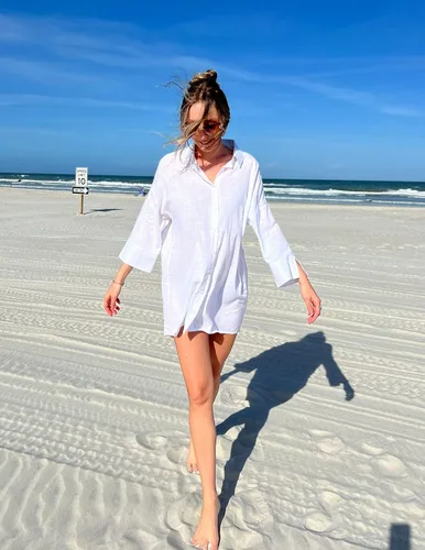 Miniatura 4 de UNibelle Camisas de lino de algodón para mujer, estilo casual, con botones, para playa, para cubrir el traje de baño