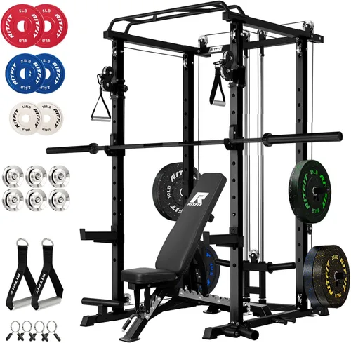 RitFit El paquete multifunción de garaje y gimnasio en casa incluye jaula de potencia de 1200 libras PPC03/P3 con sistema de cruce de cables, banco