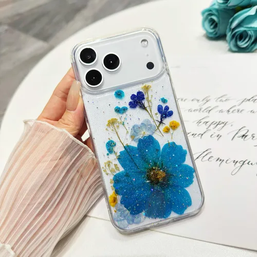 Miniatura 4 de Funda floral para iPhone 17 con flores reales prensadas, bonito diseño de flores secas prensadas transparentes con purpurina para mujer, suave TPU