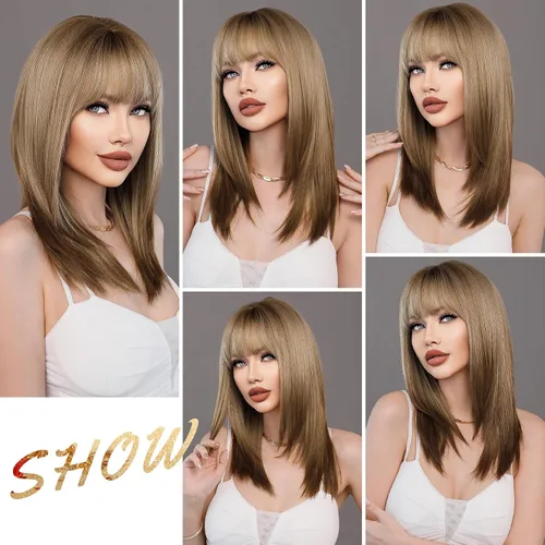 Miniatura 6 de 7JHH WIGS - Peluca de 20 pulgadas de cabello largo y liso con flequillo y corte en capas, tinte natural con cola de cabello marrón y raíces