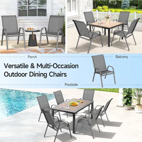 Miniatura 9 de ONBRILL Juego de 4 sillas de patio, sillas de comedor apilables de fácil montaje con asiento ancho y marco de metal resistente, sillas de textileno