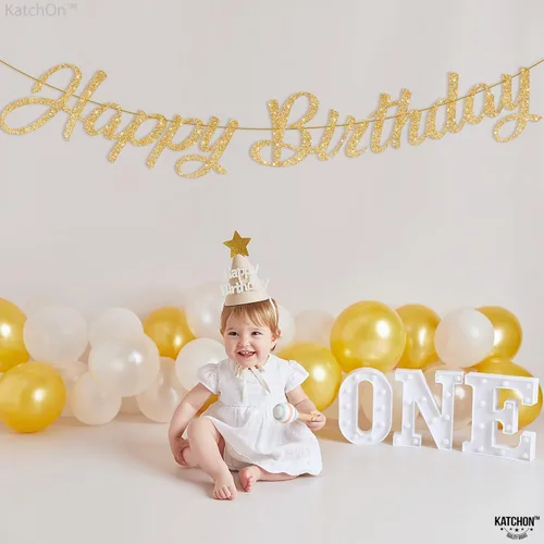 Miniatura 8 de KatchOn, Cartel de feliz cumpleaños cursivo dorado con purpurina – pre-encordado, 10 pies Decoraciones de cumpleaños para mujeres, hombres y niñas