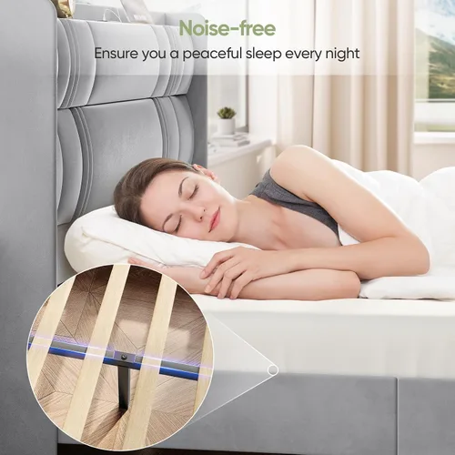 Miniatura 6 de Base de cama tamaño King y cabecera alta, base de cama tapizada de 52 pulgadas con estación de carga, marcos de cama de terciopelo de lujo, cabecera