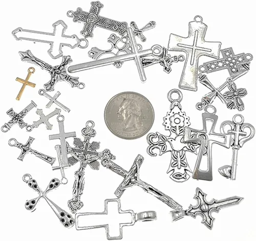 Miniatura 2 de Kinteshun. Conector colgante moderno variado. Aleación de cruz cristiana religiosa para joyas y accesorios. (25 unidades, color plateado envejecido)
