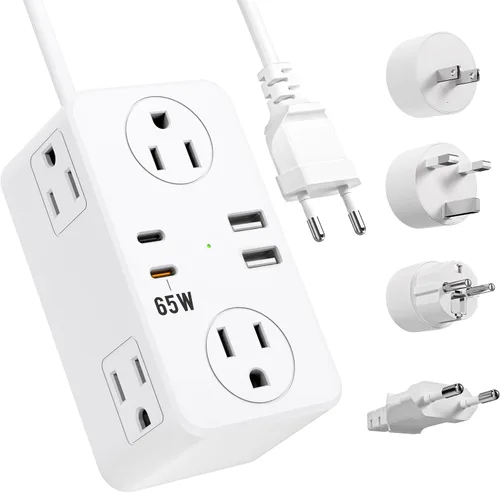 Miniatura 11 de Kakyanill Adaptador de enchufe de viaje europeo, Adaptador de enchufe de viaje EU/UK/US, Regleta de alimentación con 6 tomas AC, 4 puertos USB