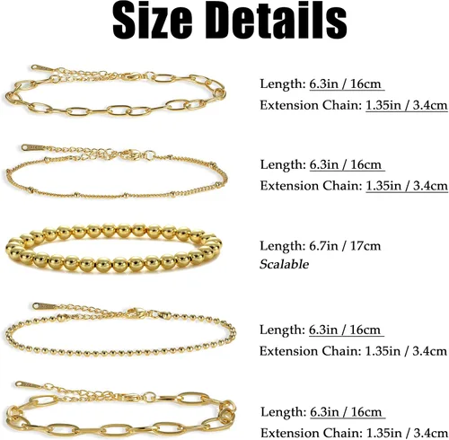 Miniatura 6 de KesaPlan Juego de pulseras de oro para mujer, ajustables, chapadas en oro de 14 quilates, con cuentas delicadas, juego de pulseras de eslabones
